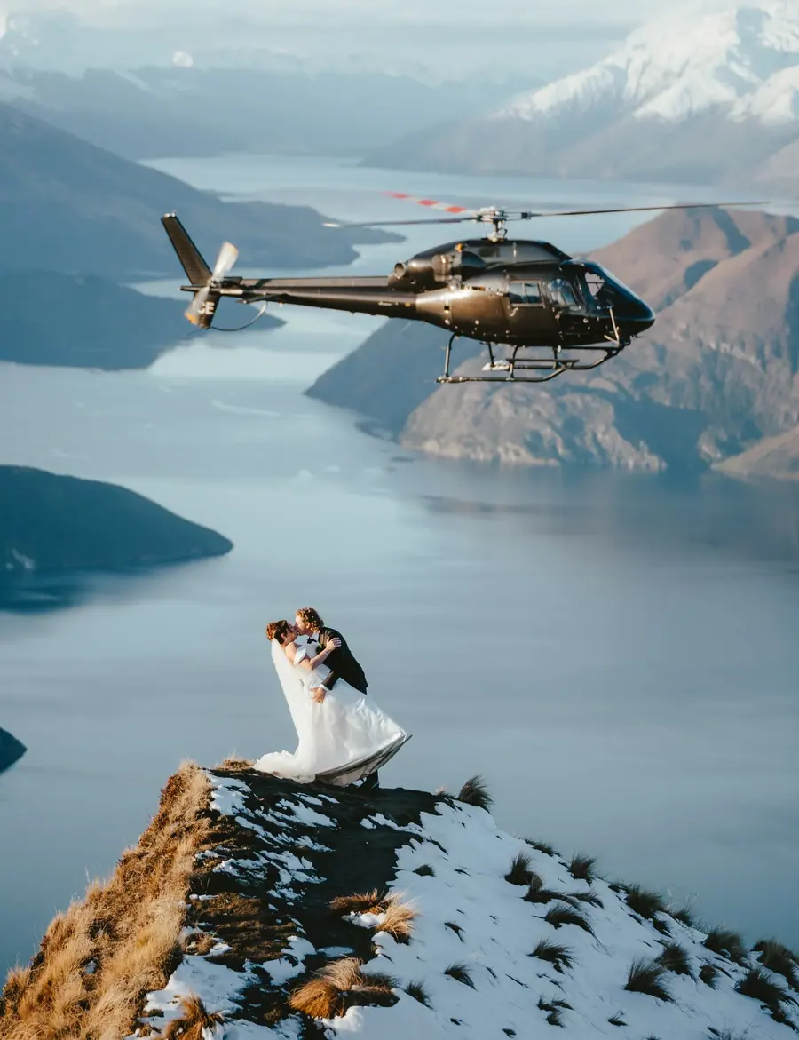 A helicopter flying over a snowy mountain with a couple in wedding attire standing on a rocky ledge.