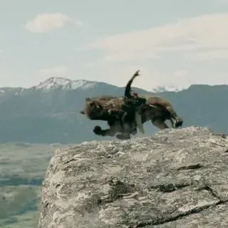 Aragorn fighting a warg near the cliff edge at Deer Park Heights in The Two Towers
