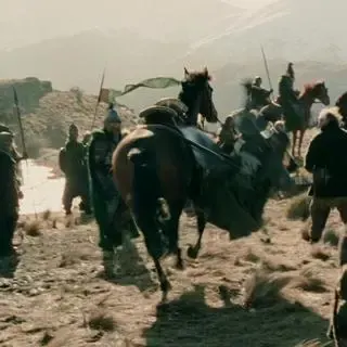 Gimli falling from his horse on Deer Park Heights in The Two Towers