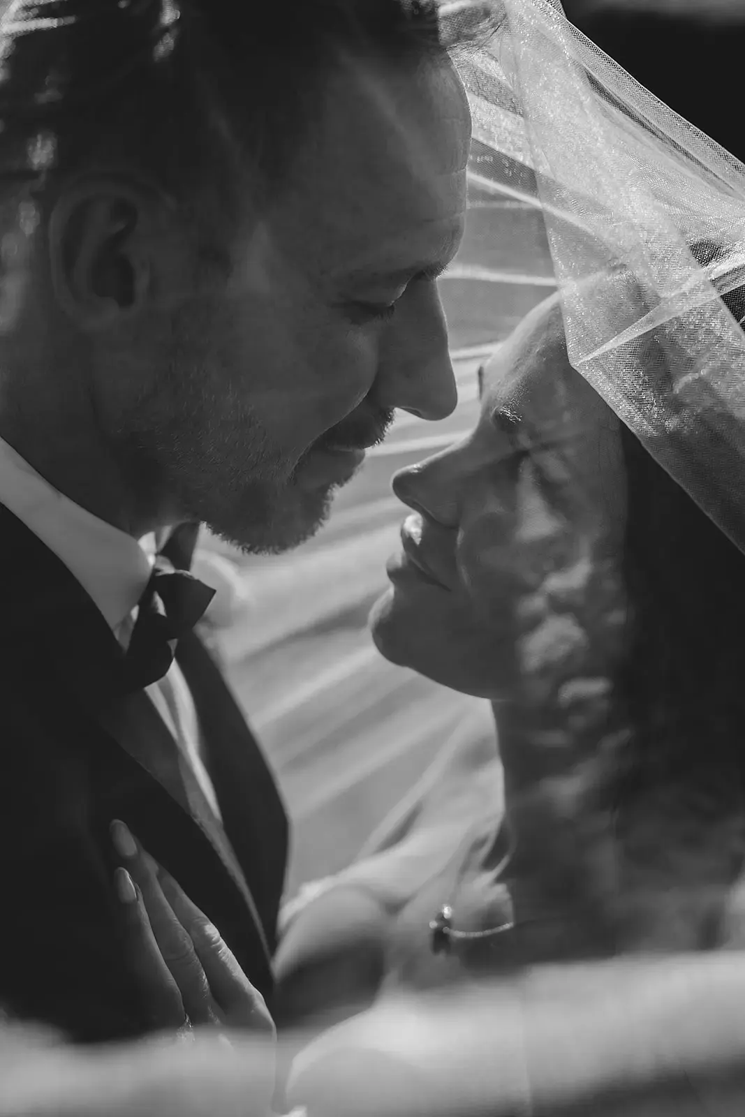 Black and white photo of a groom smiling at his bride under her veil at Deer Park Heights