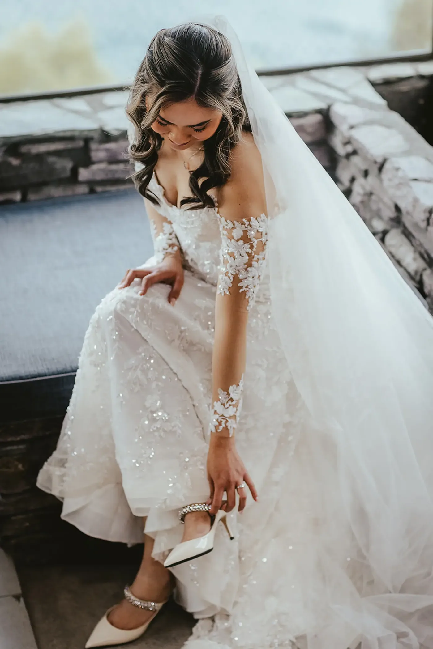 Joy in her beaded gown before the ceremony