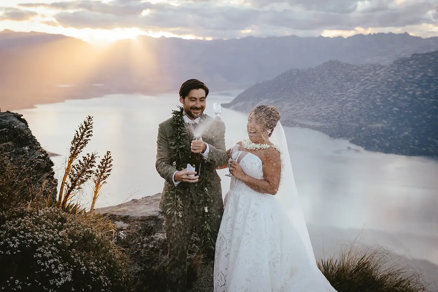 Sunset champagne spray at Cecil Peak