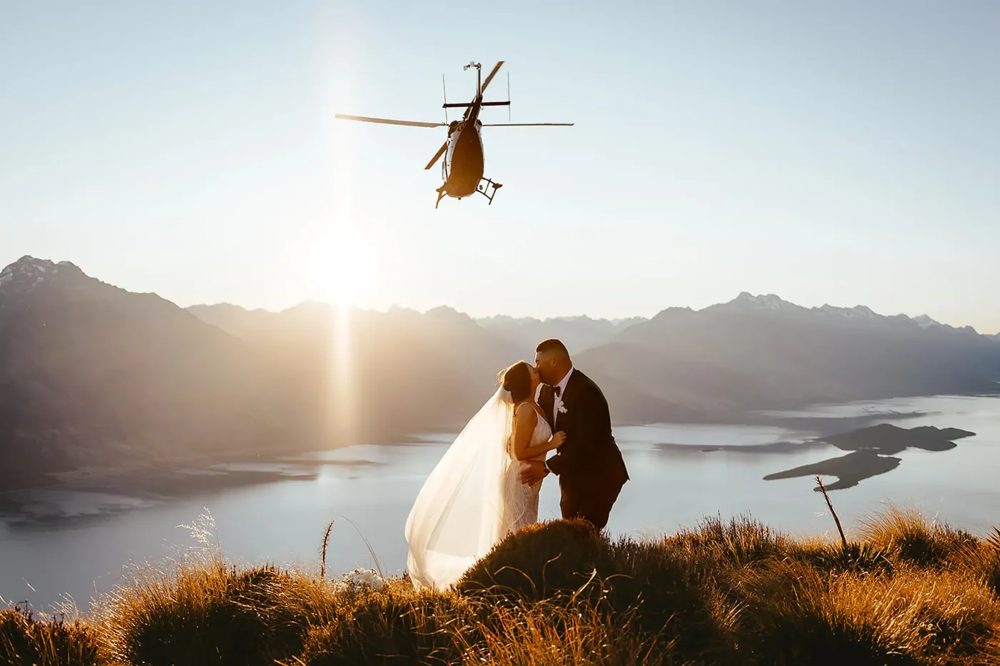A cinematic helicopter fly-by at sunset